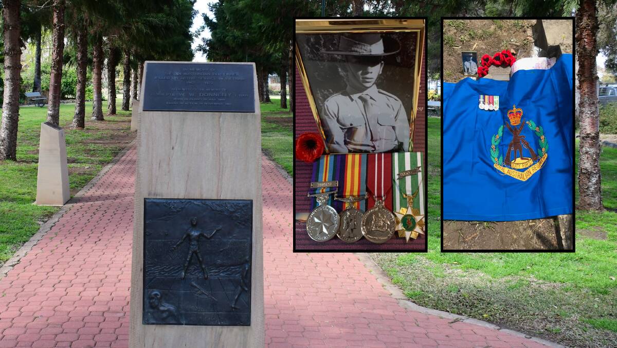 The memorial to Private William Wayne Donnelly in Dubbo's Victoria Park and (inset) his portrait and service medals. 
