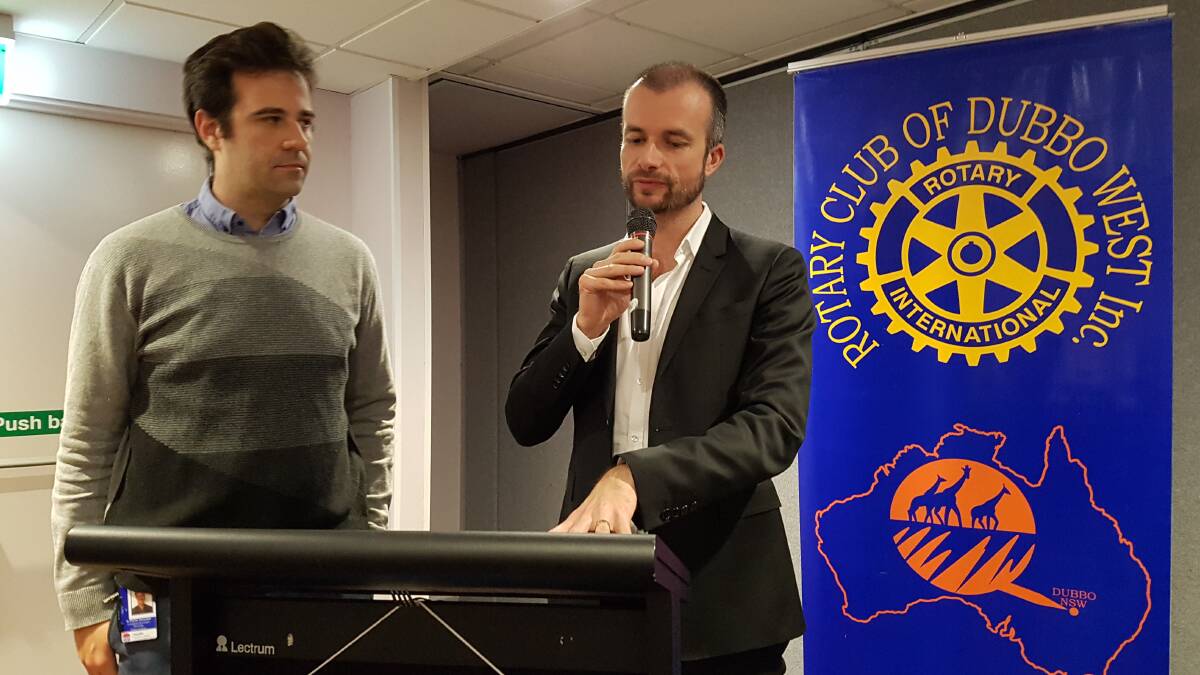 Dr Florian Honeyball and Dr Colin McClintock give a presentation at the Rotary Club of Dubbo West on Wednesday night. Photo contributed.