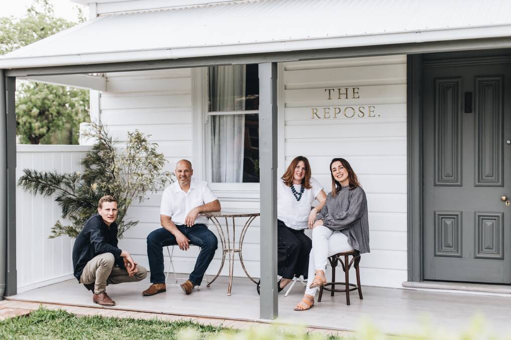 Stay: Bede Aldridge, Ric and Moir Jones and Jemima Aldridge, at their accommodation venture The Repose, which has featured on Stay in the Bush. Photo: Abbie Melle. 