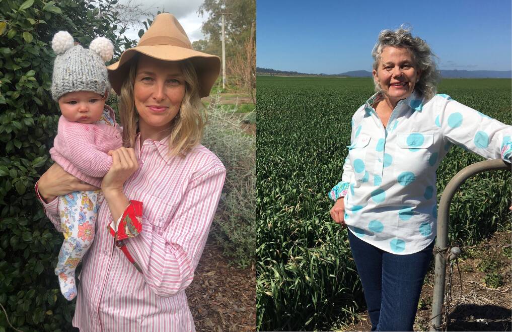 Inspirational: (Left) Buy from the Bush founder Grace Brennan in her namesake shirt, holding daughter August, and (right) farmer Fiona Simson. Photos contributed.