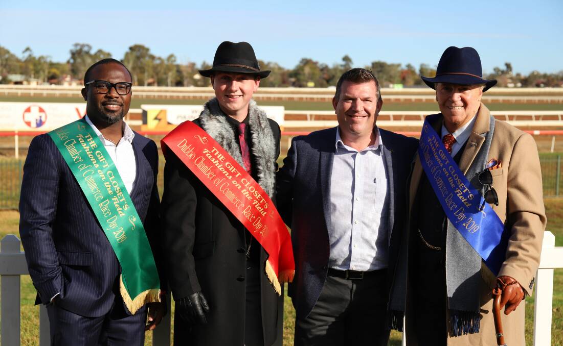 Dapper: Gabriel Faponle, Lachlan Cusack and Tommy Jeff with (second right) Dubbo MP Dugald Saunders at the race day. Photo contributed.