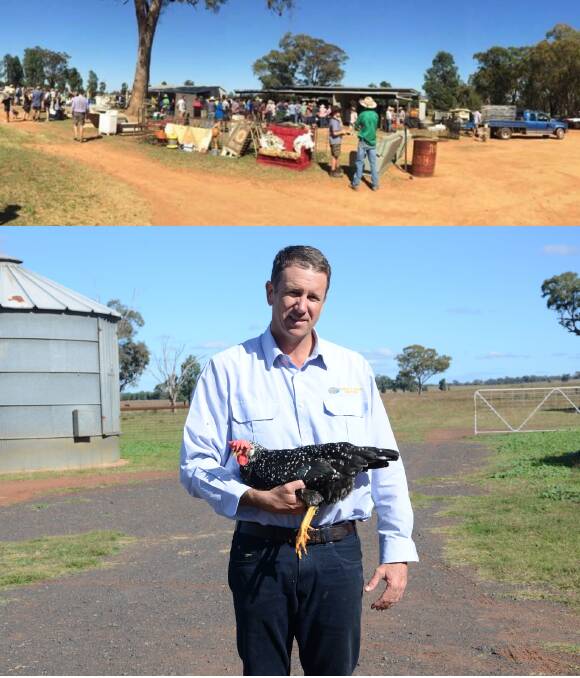 Decision: (Top) A crowd turns out to a previous Ballimore Auction, where birds, poultry, livestock and household goods are among the lots. The monthly event is organised by Angus Barlow (below) but won't take place on Sunday. 