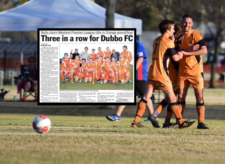 EIGHT YEARS ON: Scott Fox celebrates a goal during last year's Dubbo District grand final, while (inset) the Daily Liberal's reporting on the Bulls' WPL title wins.