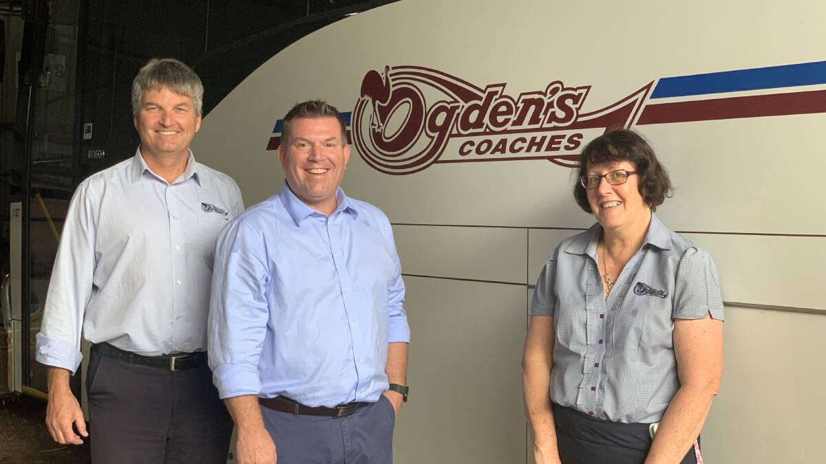 TRIAL RUN: Member for the Dubbo electorate Dugald Saunders with Jeff Neill and Mandi Ogden from Ogdens Coaches.