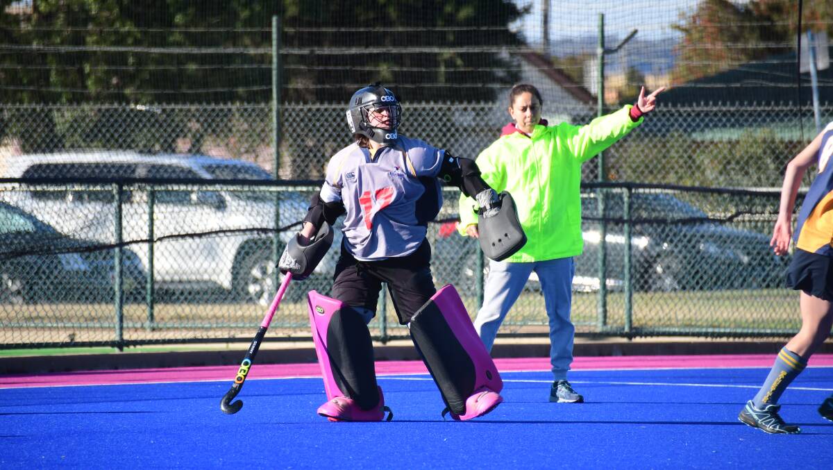 Stalwart: Dubbo goalkeeper and Captain Lilli Campbell kept the Dubbo Hockey side in the fight for an Astley Cup win throughout the game's most difficult stages. Photo: Amy McIntyre. 