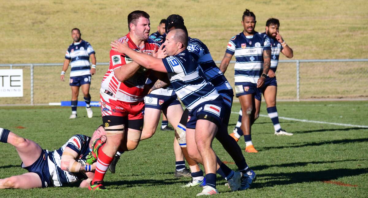 Always Forward: Jets Captain-Coach Dylan Hill was constantly fighting for meters during the losing effort against the Macquarie Raiders on Sunday. Photo: Amy McIntyre. 