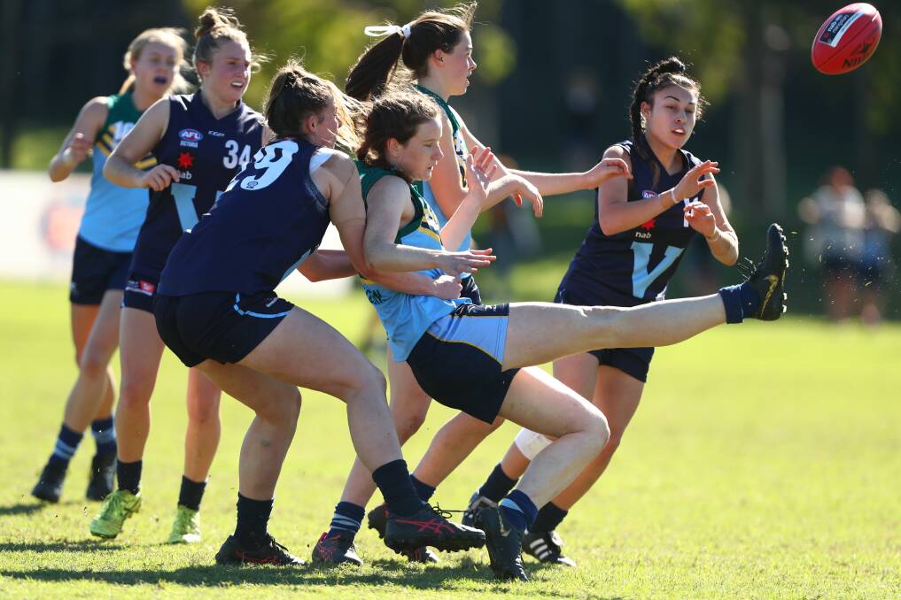 Tough Stuff: Eloise Hiller-Stanbrook in the thick of the action during the AFL NAB Under 18's Championship. Photo: AFL Media. 