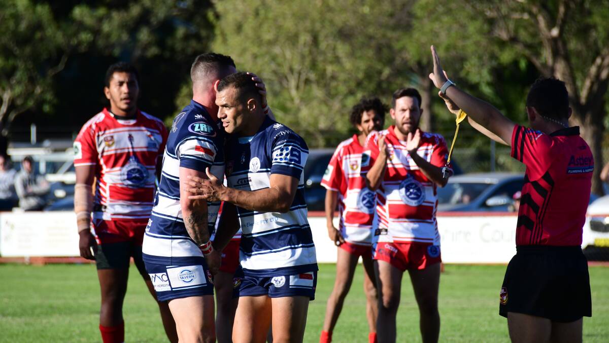 Sent-off: Raiders Captain-Coach Wes Middleton (right) scored two tries before being sent off in the Jets and Raiders first match of the season. Photo: Amy McIntyre. 