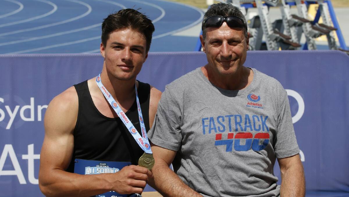 SON OF A GUN: Bathurst's Zen Clark, pictured with father and Olympic great Darren Clark, is one of many to watch at Dubbo. Photo: NSW ATHLETICS
