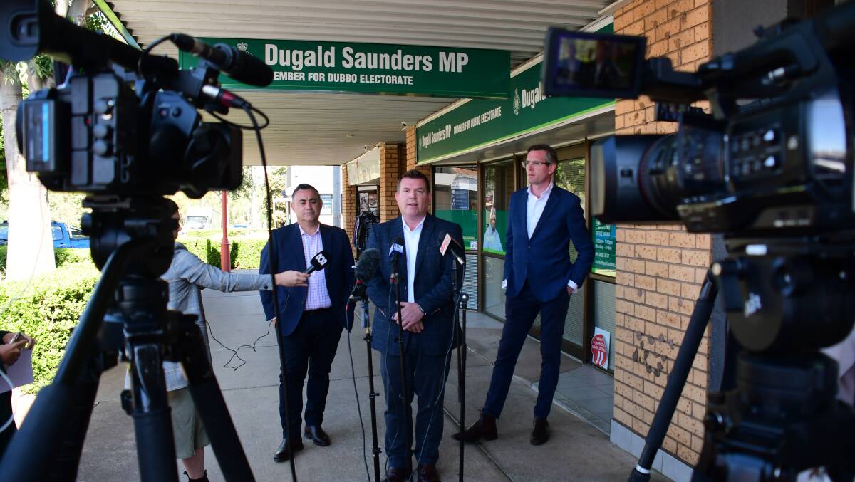 FUNDING: John Barilaro MP, Dugald Saunders MP and Treasurer Dominic Perrottet during a recent slate of budget announcements in Dubbo. Photo: BELINDA SOOLE.