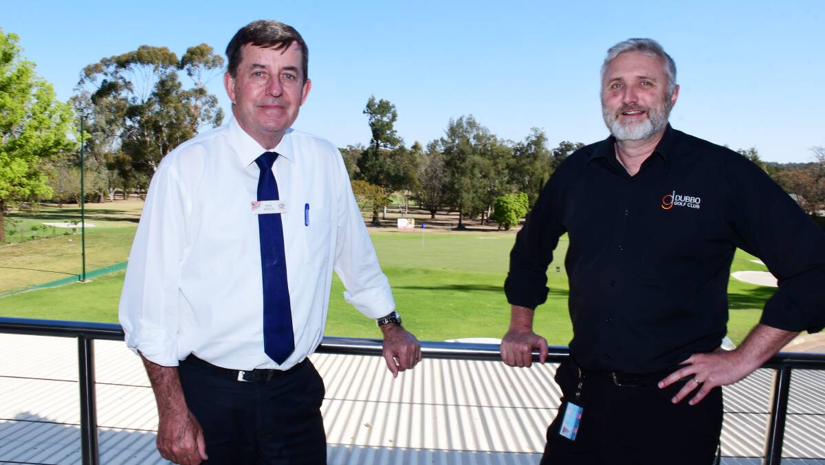 Humbled: Dubbo Golf Club President Niall McNicol and General Manager Rod Archer above the club's golf courses. Photo: Belinda Soole. 