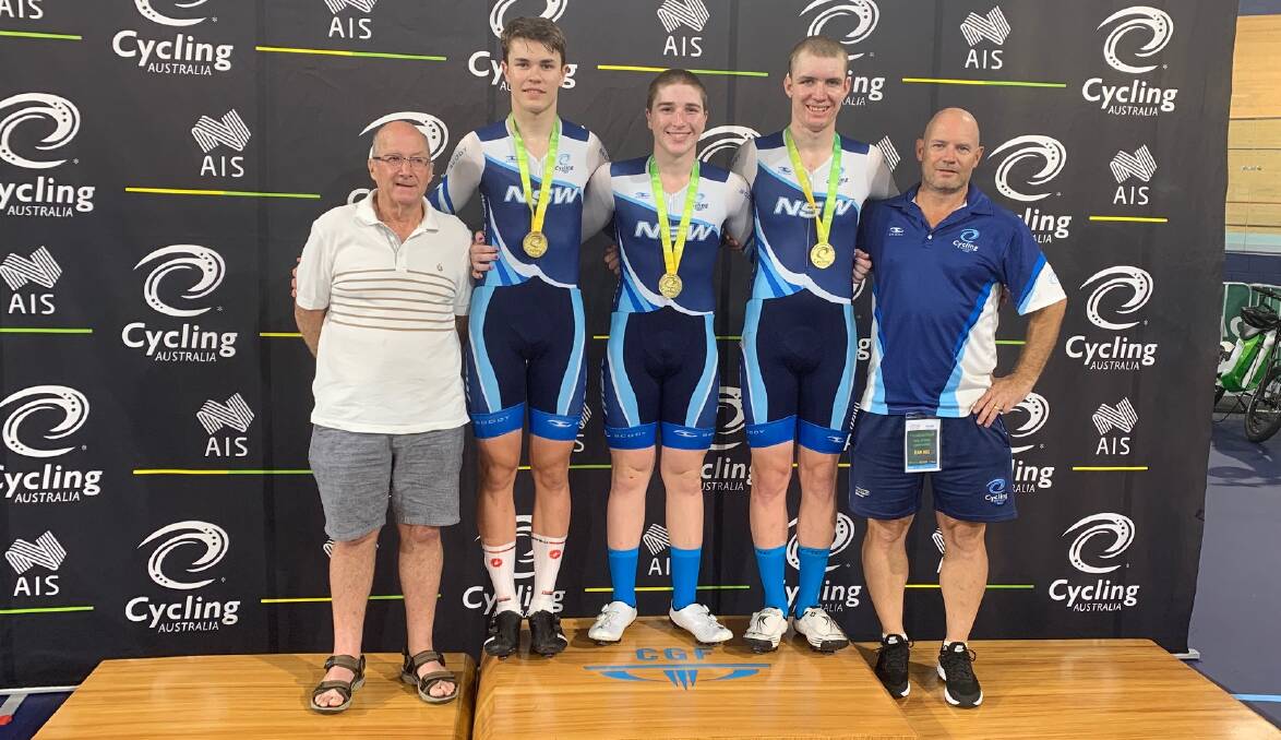 GOLD: Dubbo riders Danny Barber, Mitchell Hines and Dylan Eather with coaches Gus Dawson and Vaughn Eather. Photo: SUPPLIED