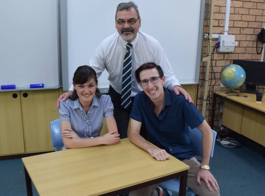 PROUD: Anneke Goud and Ethan Phipps (pictured with Dubbo Christian School principal Warren Melville) hope to study interior architecture and weapons systems (Royal Australian Air Force) respectively. Photo: JENNIFER HOAR