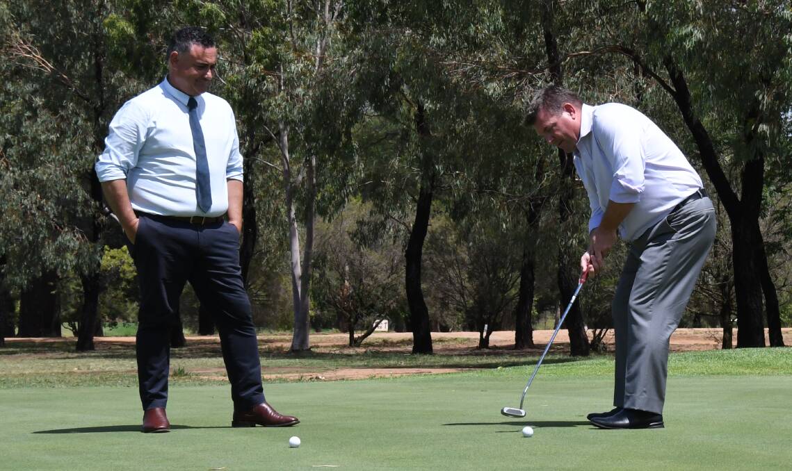 DAY ON THE GREEN: Deputy Premier John Barilaro with Nationals candidate for Dubbo Dugald Saunders. Photo: JENNIFER HOAR
