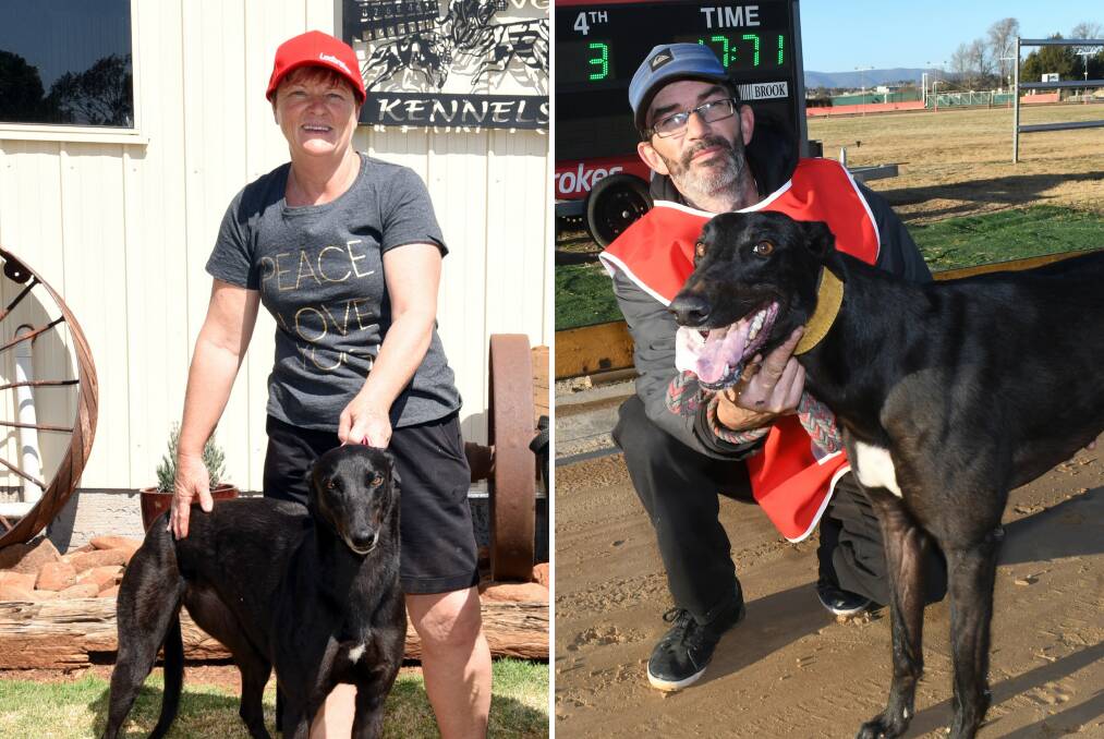 WINNERS: Trainer of the year Charmaine Roberts and (right) Daniel Foley with greyhound of the year Tony Taro. Photos: BELINDA SOOLE/CHRIS SEABROOK