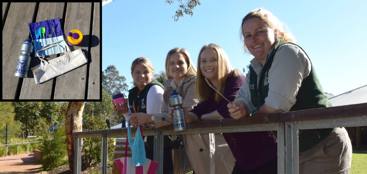 SAY NO: Taronga Western Plains Zoo staff challenged Daily Liberal journalist Jennifer Hoar (second from right) to take part in Plastic Free July.