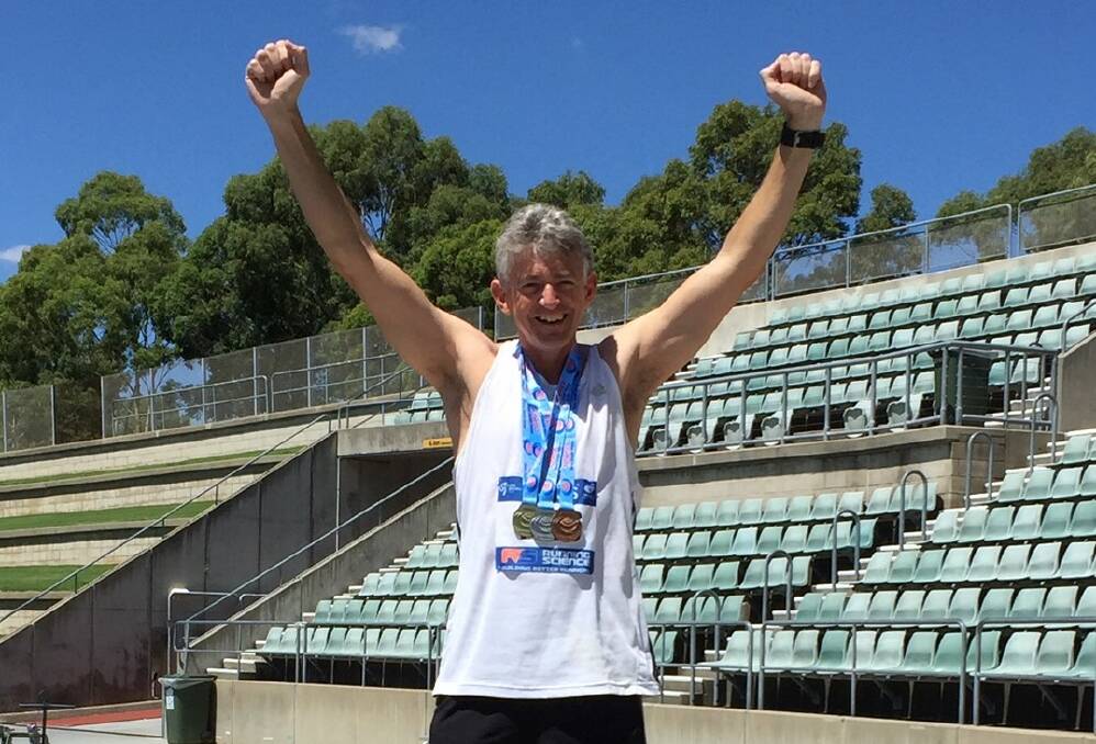 FULL SET: Trevor Kratzmann claimed bronze in the 1500m, silver in the 5000m and gold in high jump at the NSW Masters Athletics Championships earlier this month. Photo: SUPPLIED