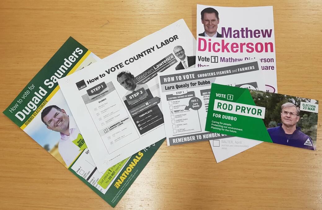 The five how-to-vote cards that were being handed out outside the Talbragar Street early voting centre.