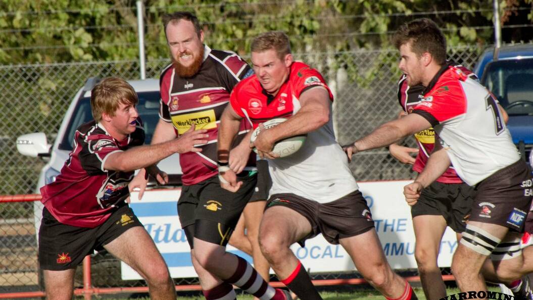 BARNSTORMING: Narromine stalwart Craig Campbell charges into Parkes' defence last week. The Gorillas defeated Blayney on Saturday. His Photo: CASEY TRESEDER