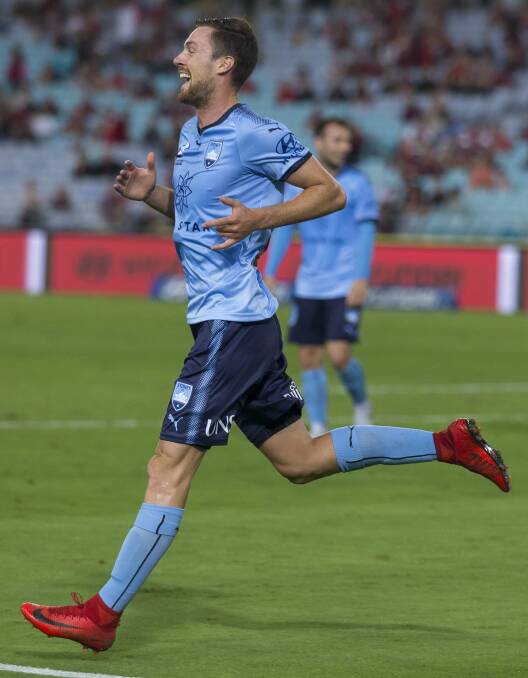 STOKED: Jacob Tratt celebrates after scoring in Sydney FC's derby win over the Western Sydney Wanderers. Photos: AAP Image/Craig Golding