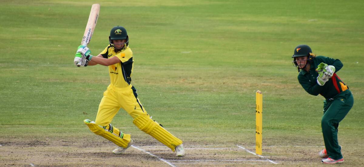 CUTTING EDGE: Phoebe Litchfield slices one away early in her Cricket Australia XI's national championship campaign. Photo: CATHERINE LITCHFIELD