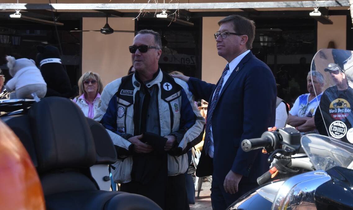 Dubbo MP Troy Grant and long-time Black Dog rider, Padre, who delivered a prayer for a safe journey. Photo: JENNIFER HOAR