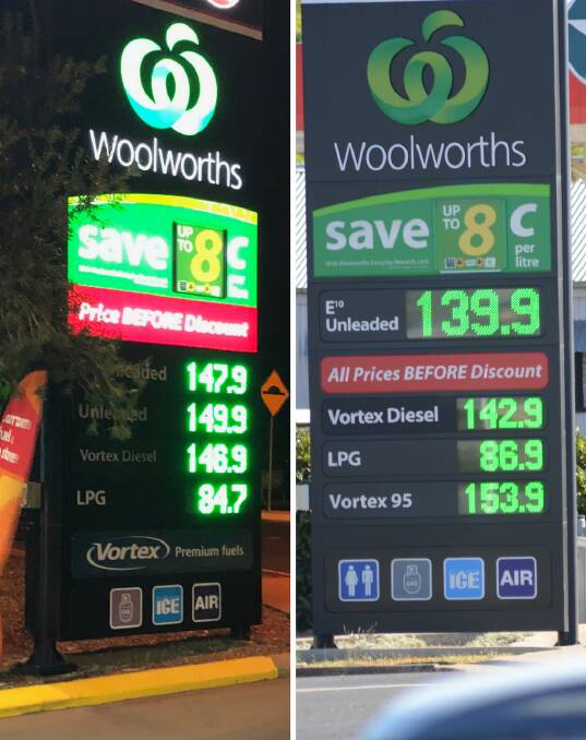 Left: Woolworths Caltex at Orana Mall on Wednesday evening. Right: Woolworths Caltex at Wellington on Friday morning. Photos: BEN WALKER, ELOUISE HAWKEY