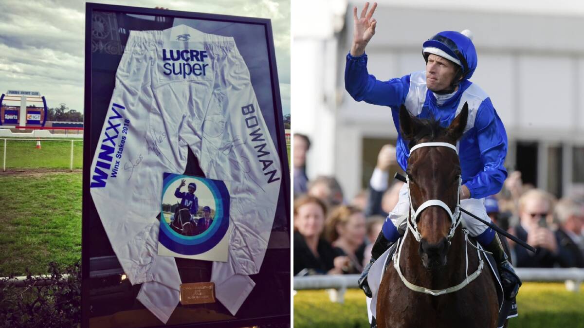 RIGHT: Dunedoo product Hugh Bowman returns to scale after winning the Winx Stakes on Winx. Photo: AAP Image/Simon Bullard

LEFT: The silks he wore in that historic victory, which will be up for auction at Forbes on Saturday.