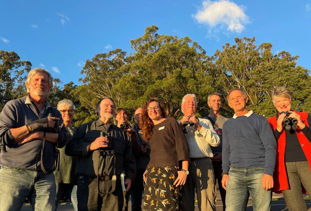 Members of Hastings Birdwatchers with Ken Monson, Peter West and principal of The Nature School Catherine Oehlman on the lookout for the swift parrot at Innes Lake.