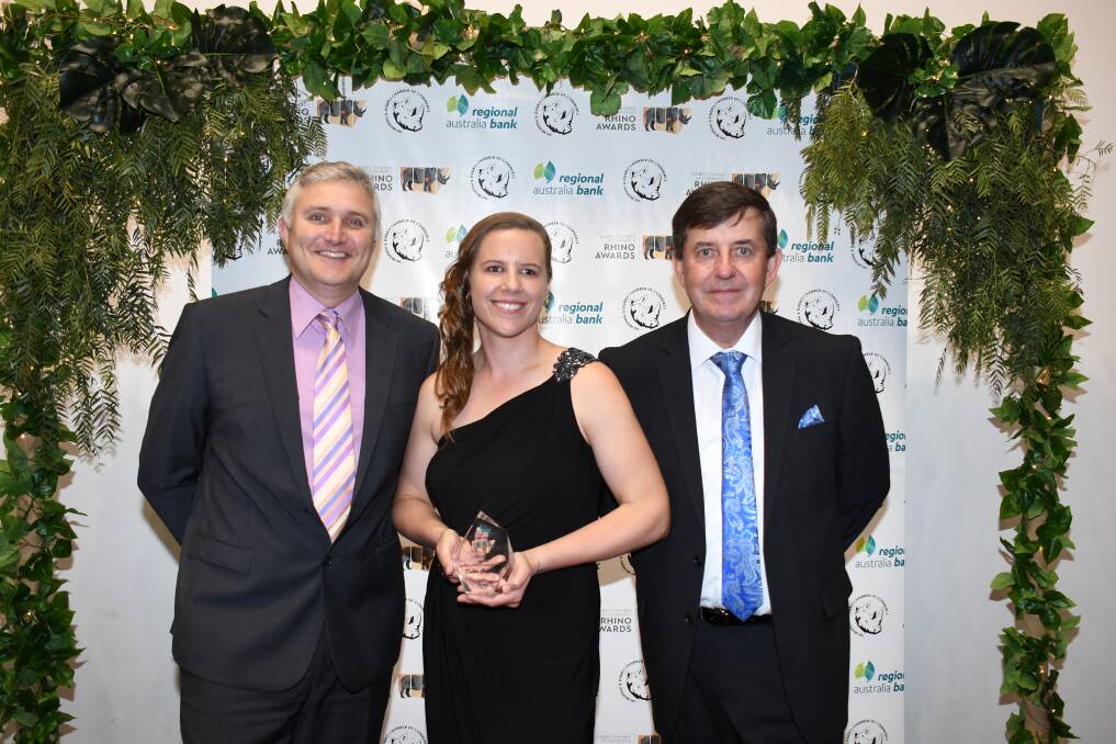 Reward for hard work: After another successful year, Rod Archer, Laken Carrett and Niall McNicol from the Dubbo Golf Club collect the clubs Rhino Award for Excellence in Customer Service. Photo: File.