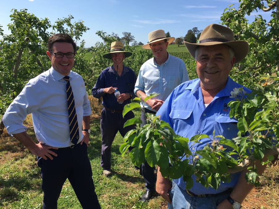 Agriculture minister David Littleproud, grower Peter West, member for Calare Andrew Gee and grower Guy Gaeta were happy with the Government's announcement that relocation grants were available for people looking to relocate and work in regional areas. Image: Jude Keogh.