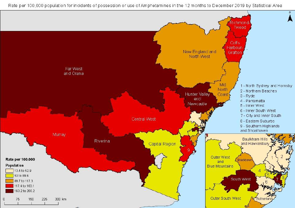 Reports show that the Central West along with Far West and Orana regions are fighting a battle against rising drug use. Image: NSW Bureau of Crime Statistics and Research.