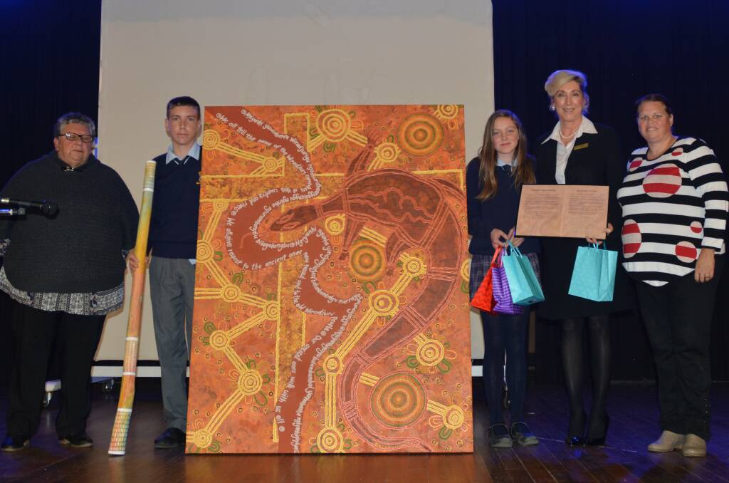 NAIDOC Showcase: Aboriginal Education Worker Karen Andriske with Cooper McMullen, Belle Brennan, College Principal Kerry Morris and Cassie Gibbs. Photo: Supplied.