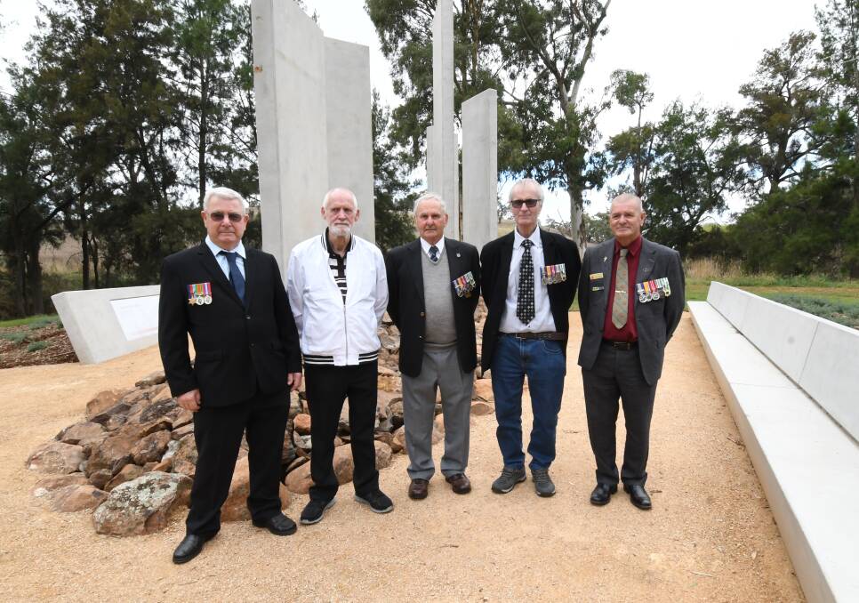 MONUMENTAL: Former Fairbridge "kids", Sydney Lee, John Barron, Graham Lee, Ian Bayliff and Tony Stepney. Photo: CARLA FREEDMAN.