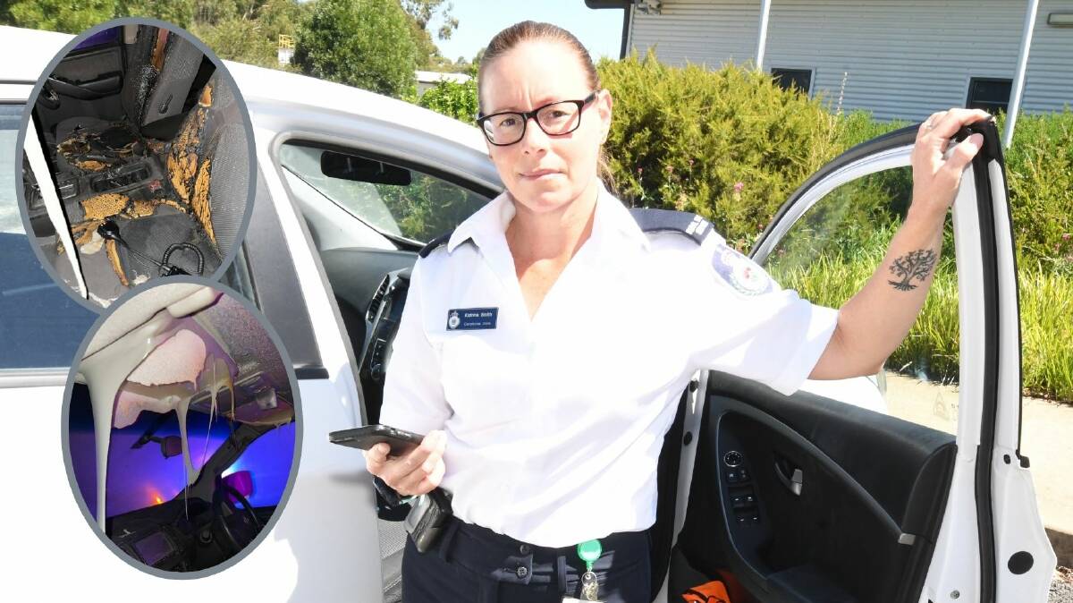 SCARY: Clifton Grove Ophir Rural Fire Brigade Deputy Captain Katrina Smith is amazed the young driver wasn't hurt when her phone "exploded". Insert: the interior damage to the car. PHOTOS: JUDE KEOGH/CLIFTON GROVE OPHIR BRIGADE