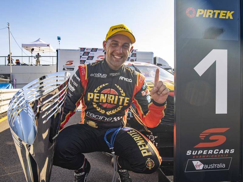Anton de Pasquale celebrates his Supercars win after he took out race one of Darwin Triple Crown.