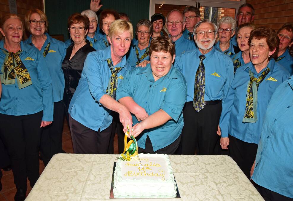 Michele Peak and Melinda Firth with the rest of the Sing Australia Dubbo choir celebrating the organisation s 14th birthday. 															  Photo: BROOK KELLEHEAR-SMITH