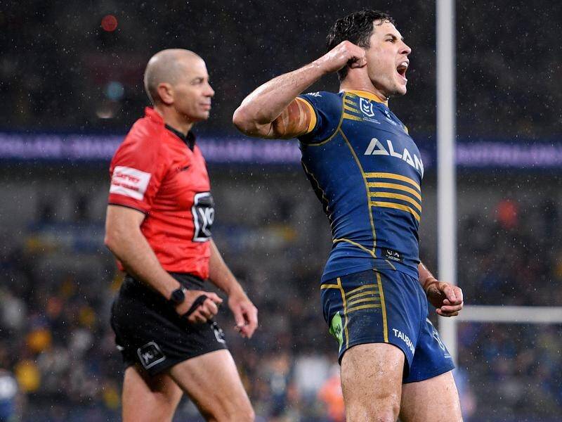 Mitchell Moses celebrates kicking a 78th-minute conversion to get the Eels home over Manly.