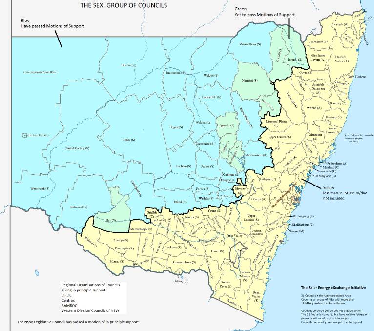Councils in the blue area have given in principle support to the solar energy plan devised by Dubbo engineer Matt Parmeter. Councils in the green area are yet to pass motions of support. The yellow area is not included in the SEXI proposal.