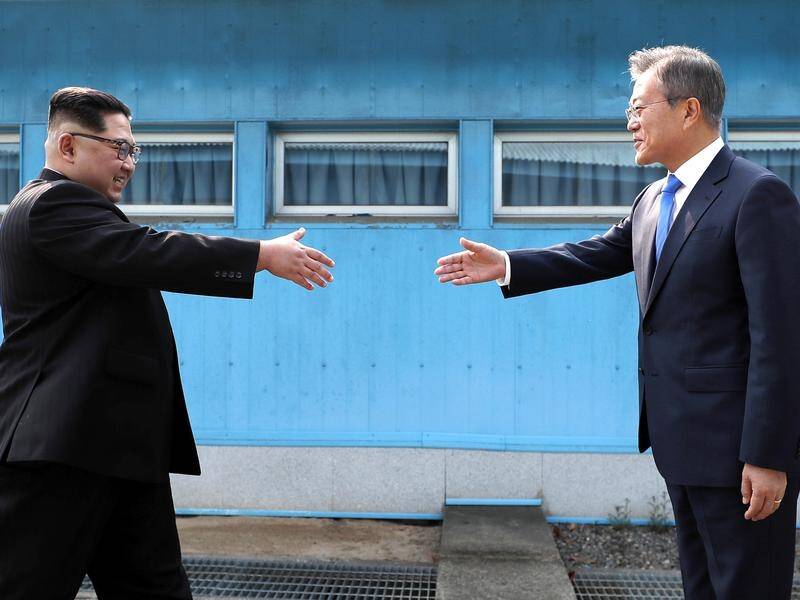 North Korean leader Kim Jong Un and South Korean President Moon Jae-in's historic handshake.