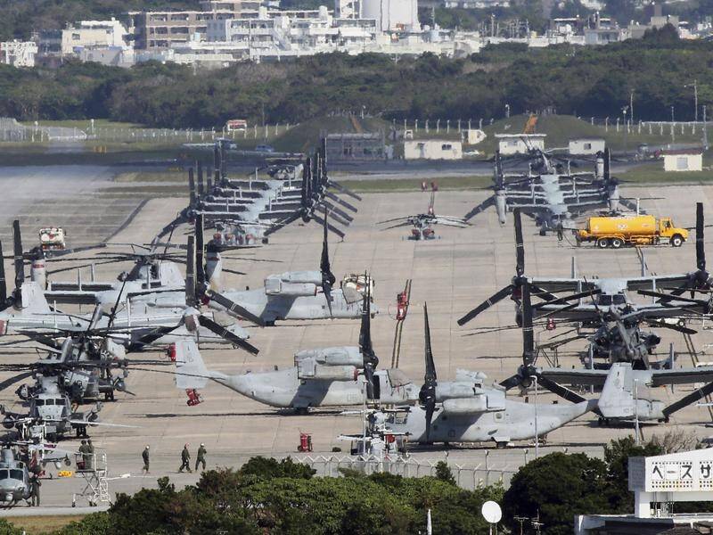 A Marine Corps air base on Okinawa. A surge in COVID cases in Japan has been linked to US bases.