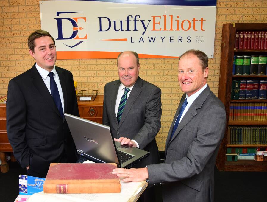 Partners at Duffy Elliott Lawyers are Robert Elliott, Stephen Duffy and Robert Duffy. Photo: BELINDA SOOLE