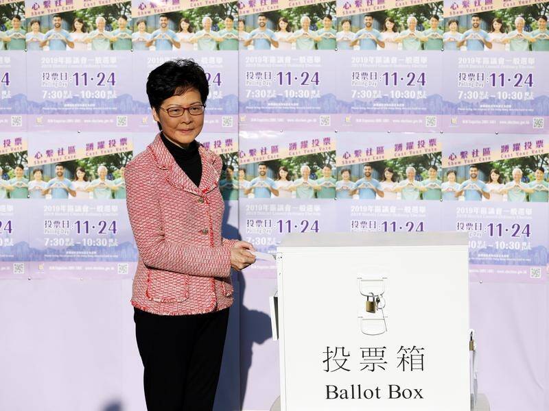 Hong Kong's chief executive Carrie Lam has cast her vote in closely watched local elections.