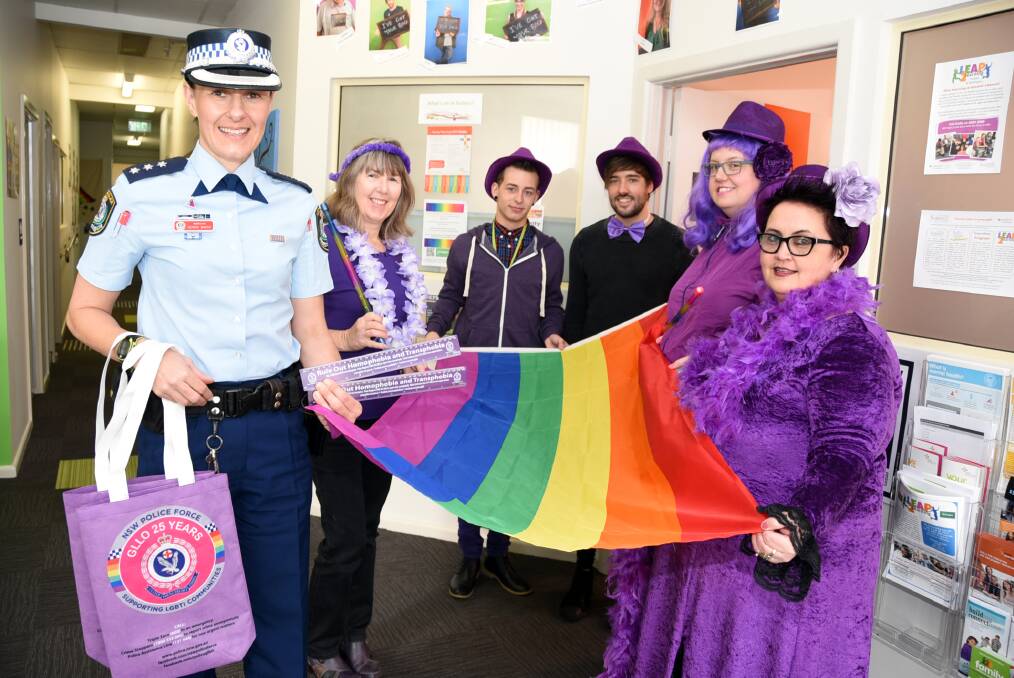 Orana LAC Inspector Gemini Bakos and Julie Strickland, Nicholas Steepe, Paul Rich, Annie Hartley and Rachel Thomas from Headspace Dubbo are busy preparing for Wear It Purple Day on August 28.							            Photo: BELINDA SOOLE
