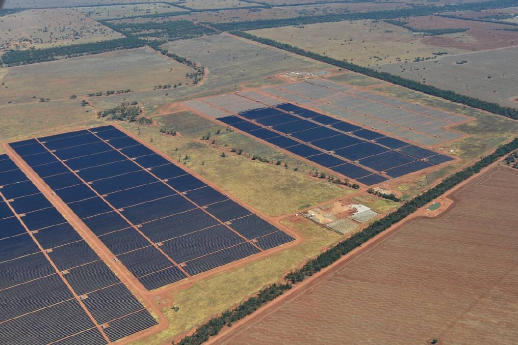 An aerial photograph of the Nyngan solar photovoltaic plant. The project has provided economic benefits for the community, including employment. During the peak of construction more than 250 people work on the site. Photo: AGL
