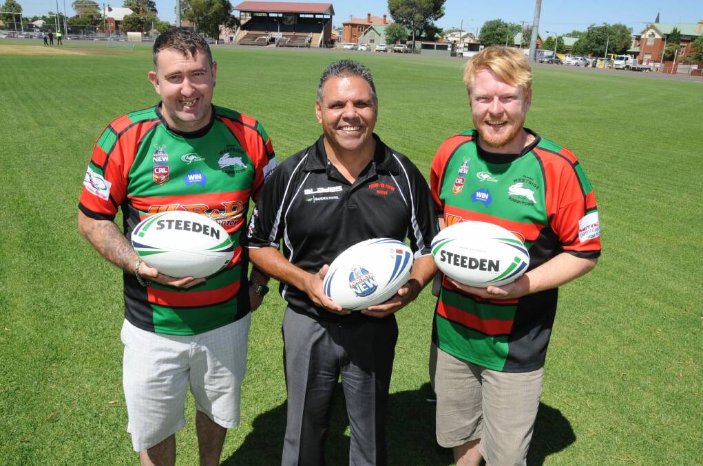 New Dubbo Westside president Colin Fuller (middle) with Adam Bush and Chad Parkes after the club received some new equipment from Tooheys New. 					       Photo: BELINDA SOOLE