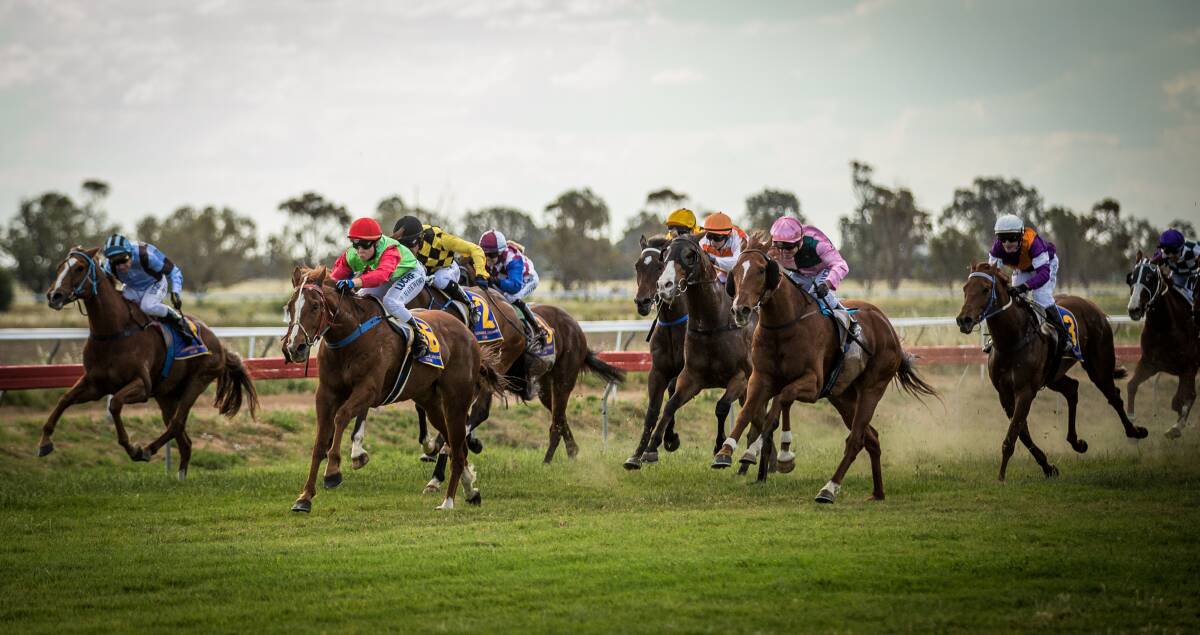 Atomic Blaze (green and red colours) winning the Coonamble Cup. The gelding will be chasing hometown glory in the Coonabarabran Cup on Monday.  
Photo: JANIAN McMILLAN (www.racingphotography.com.au)