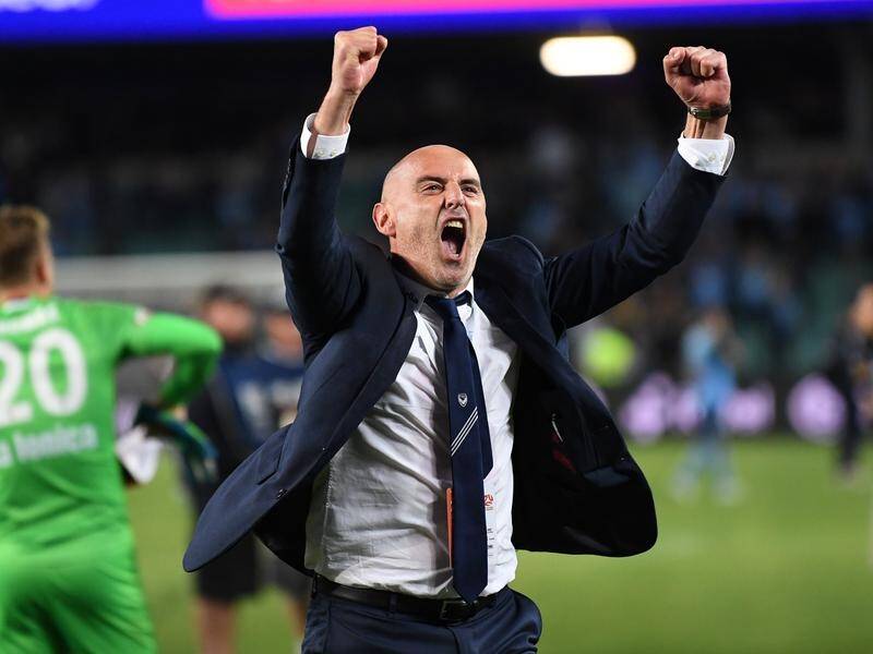 Melbourne Victory coach Kevin Muscat celebrates eliminating Sydney FC from the finals last season.
