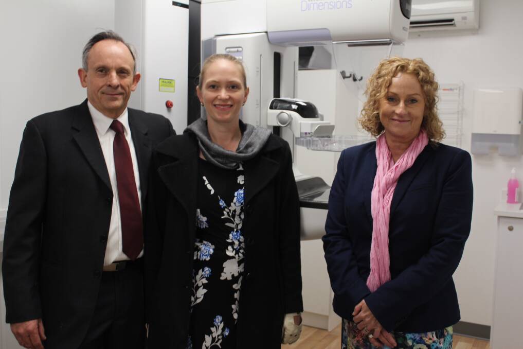 Inspecting the new breast-screening unit are Western NSW Local Health District general manager imaging services Steve Adams, BreastScreen NSW Greater Western clinical co-ordinator Melinda van Oosterum and BreastScreen NSW Greater Western manager Meg O'Brien. 
Photo: CONTRIBUTED