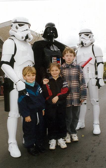 Luke Gleeson, Melissa Gleeson and Thomas Mitchel with Star Wars Hero's, 1999. Photo: FILE